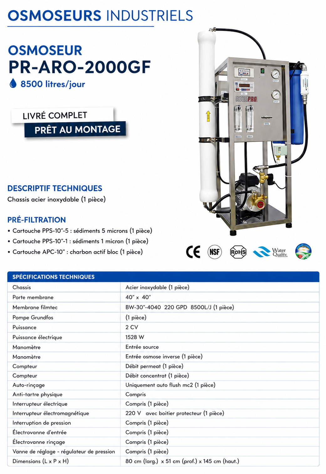 Osmoseur Industriel Aquapro PR-ARO-2000GF — 2000 GPD, 8500 LitresJour